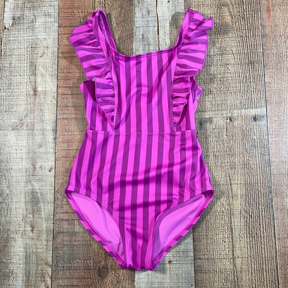 Cat & Jack Girls Purple Striped Ruffle One Piece Swimsuit Size Medium 8